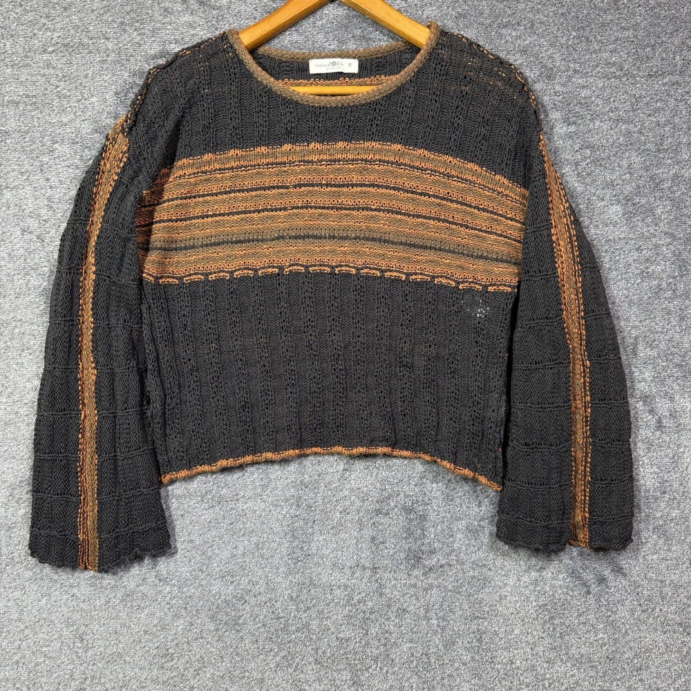 Natural Life Sweater Size M Cropped Black Orange Striped Open Knit Boho